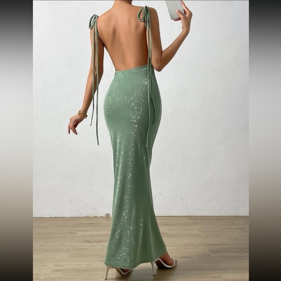 Open Back Halter V-Neck Corset Ruched Mermaid Maxi Dress With Slit main image 0